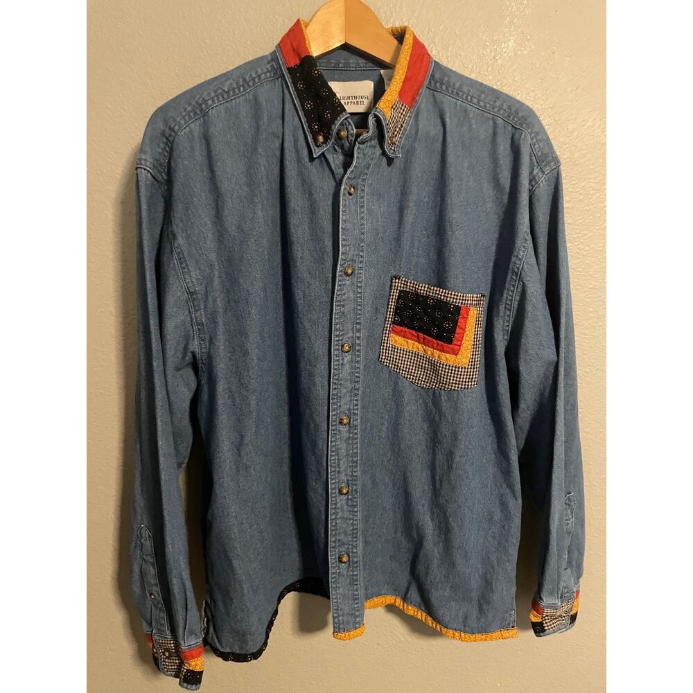 Vintage Lighthouse Apparel Shirt Womens Large Blue Denim Button Up Western 90s